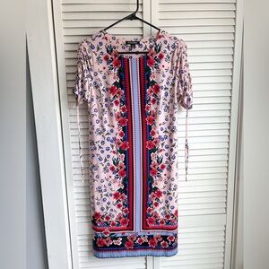 Roz & Ali Pink and Blue Sheath Dress with Puff Sleeves